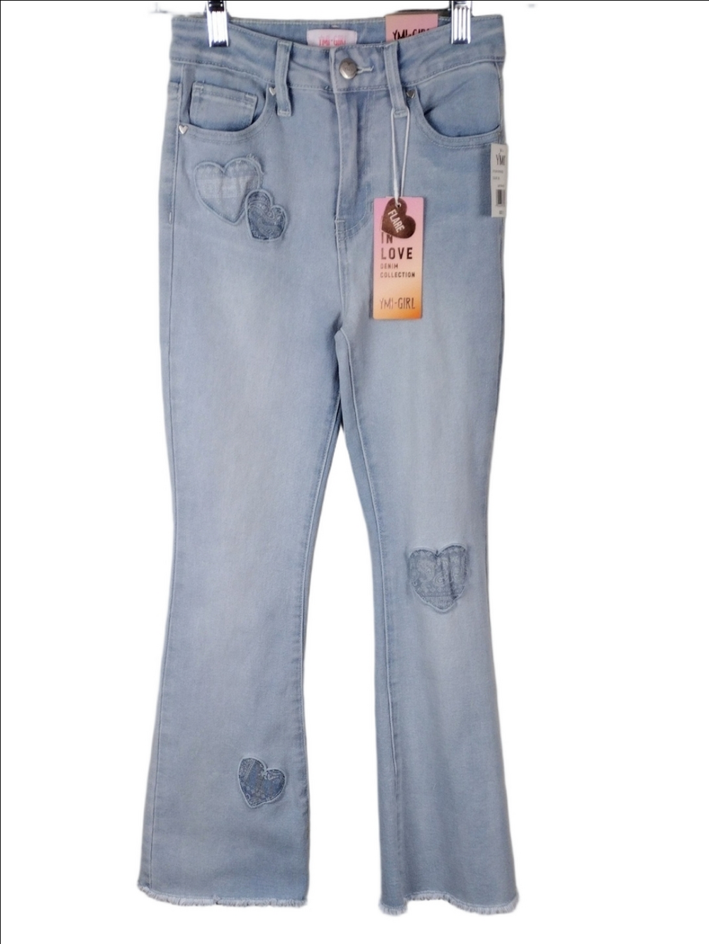 YMI Girl Blue Light Wash Heart Patch High Rise Raw Hem Flare Leg Zip Up Jean